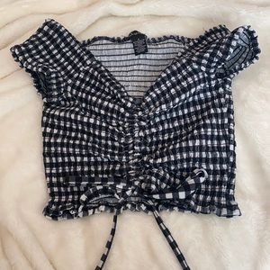 off the shoulder black and white checkered top